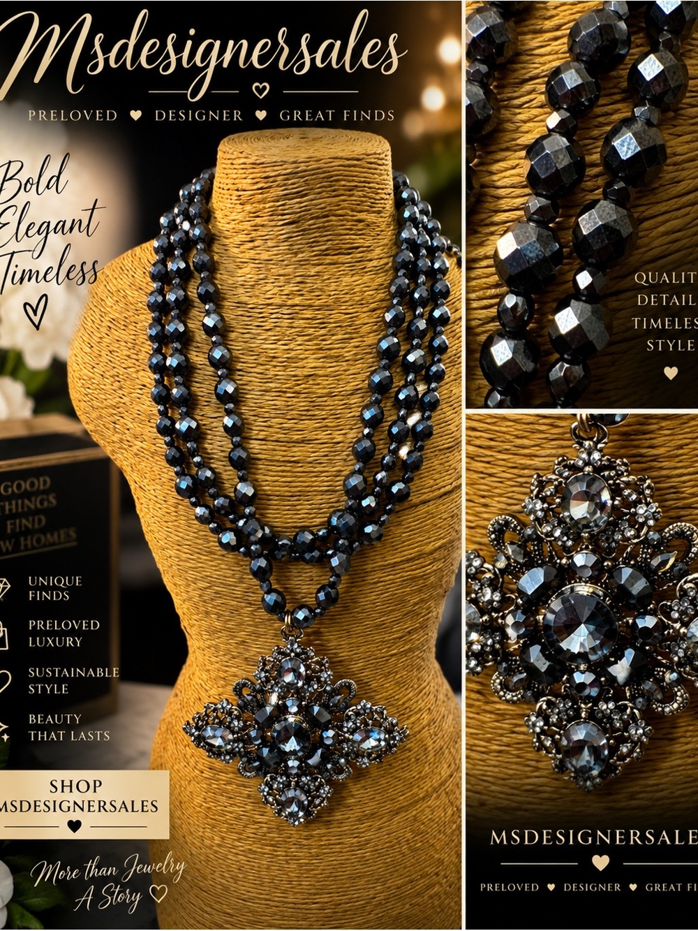 Black Faceted Bead Statement Necklace with Ornate Pendant